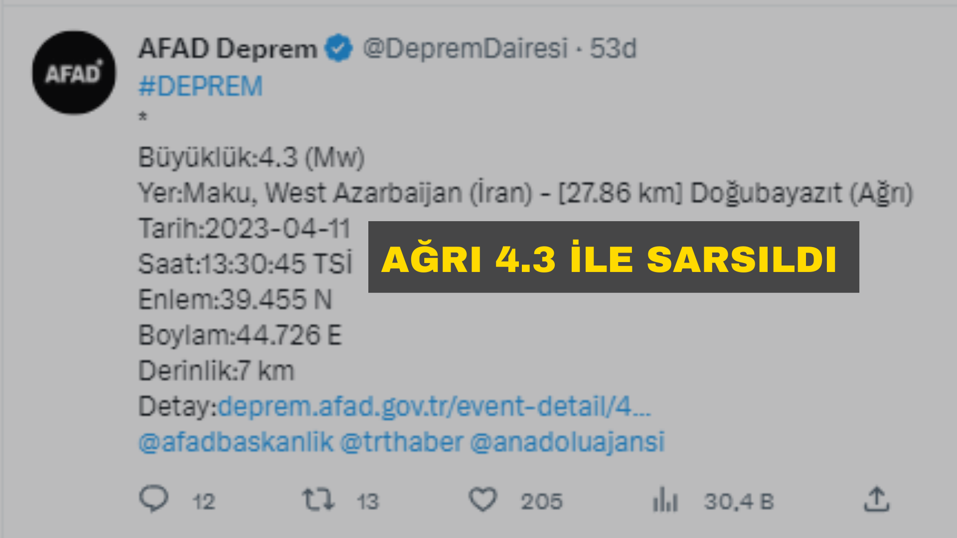 AĞRI 4.3 İLE SARSILDI