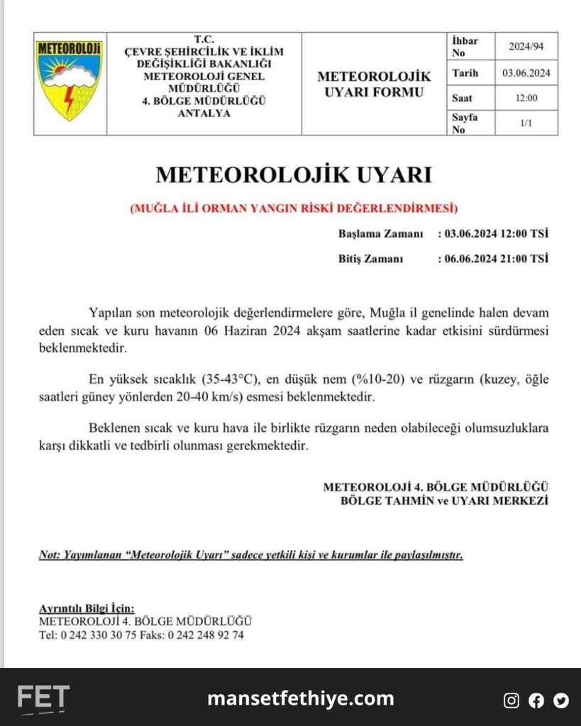 Meteoroloji'den Yangın Uyarısı!